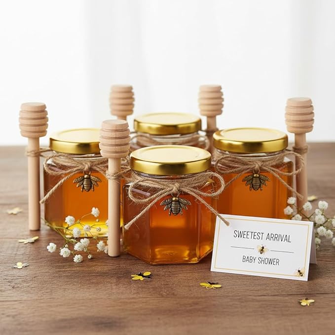 Adabocute Honey Pot 2oz, Mini Glass Honey Jars with Wood Dipper, Gold Lid, Bee Pendants, Beige Gift Bags, Thank-you Tags, Ideal for Baby Showers Favors Wedding Favors, 15 Pack
