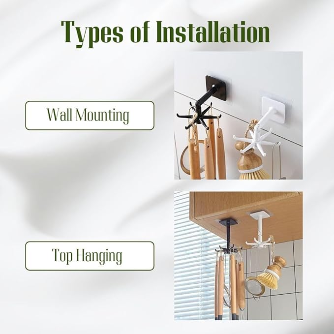 Hanging Utensil Holder Hooks for Kitchen | Utensil Hanger Wall Mount 360 Degrees Rotating and Folding Hook | (Pack-2)