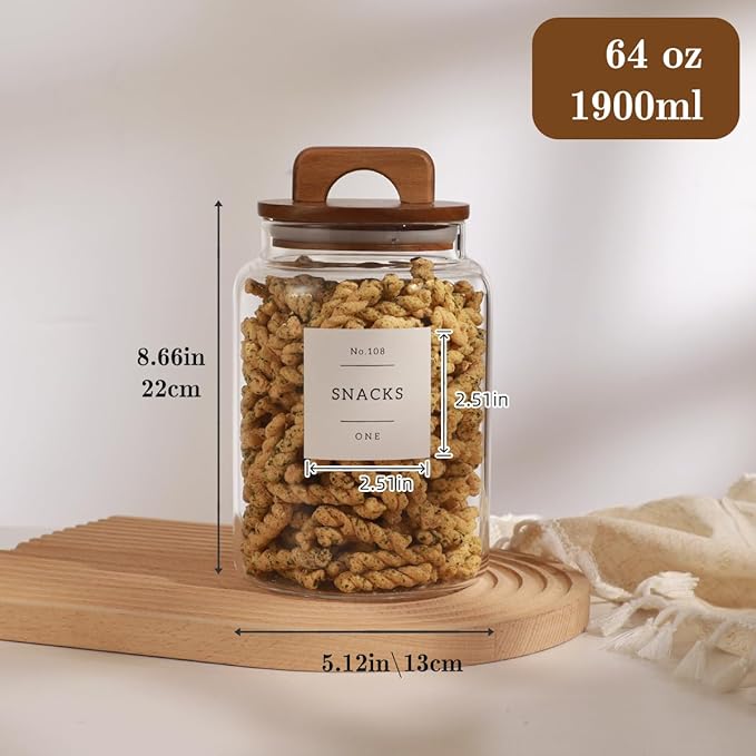 2 Pack Large Glass Flour and Sugar Containers with 132 Pantry Labels - 64 FL OZ Glass Canisters with Bamboo Airtight Lids - Farmhouse Glass Cookie Jars for Rice, Pasta, Cereal, Bath Salt