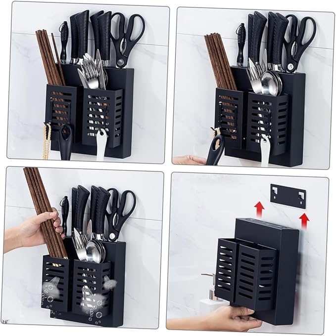 Stainless Steel Kitchen Cutlery Holder Wall Mounted Utensil Shelf with Hooks Multifunctional Storage Rack for Kitchen Utensils and Knives Black