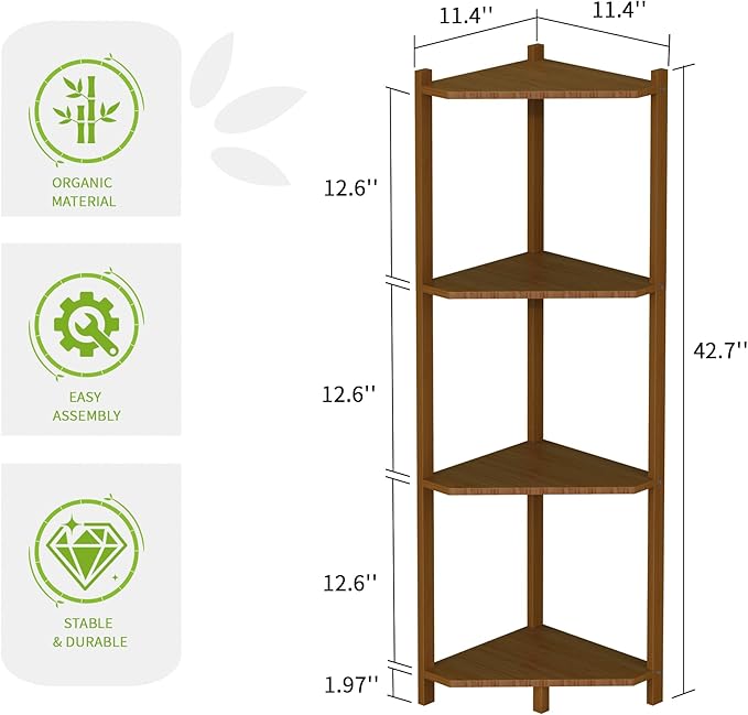 Wisuce Corner Shelf, 100% Real Bamboo Shower Corner Shelves Free Standing Shelf Storage Organizer for Bathroom Living Room Kitchen (Brown, 4 Tier)