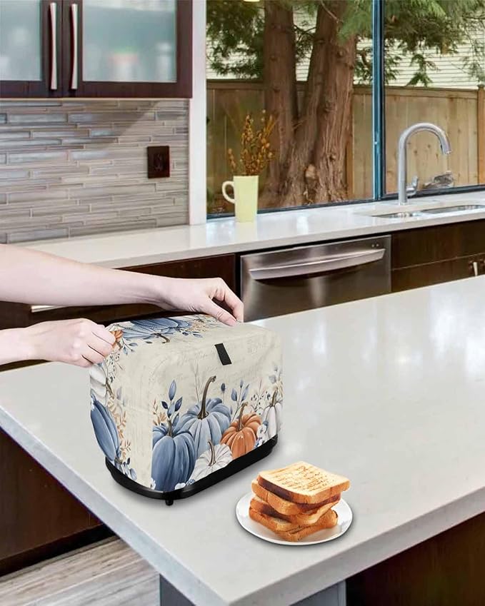 Blue Gray Pumpkin Fall Toaster Cover 2 Slice, Thanksgiving Botanical Dustproof Bakeware Oven Protector with Top Hook, Autumn Beige Waterproof Small Kitchen Appliance Toasters Dust Cover, 11"x6"x8"