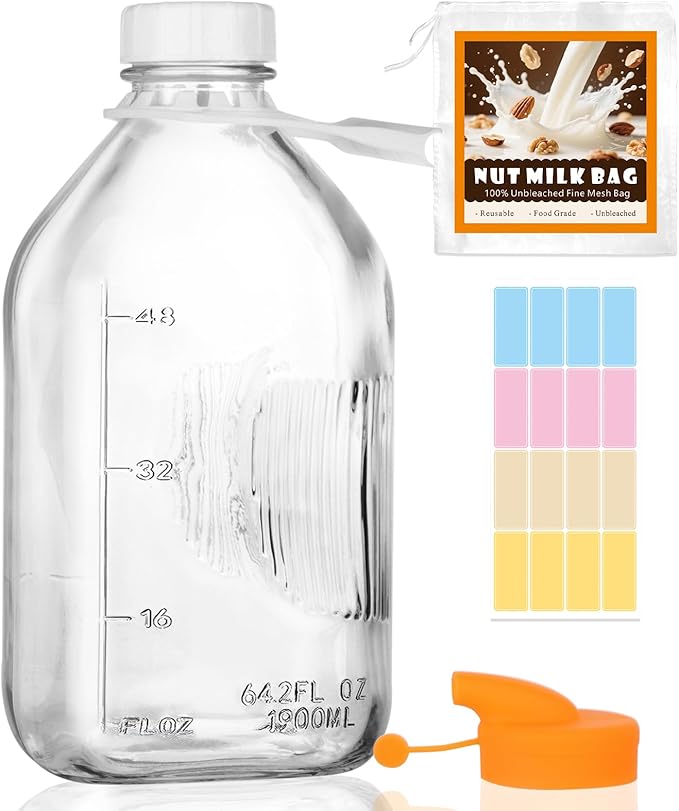 64 Oz Glass Milk Bottles with Nut Milk Bag & Pour Spout & Airtight Lids & Brush- 1/2 Gallon Heavy Duty Jug Pitcher Large Reusable Container for Milk, Juice, Water, Coffee for Refrigerator 1 Pack
