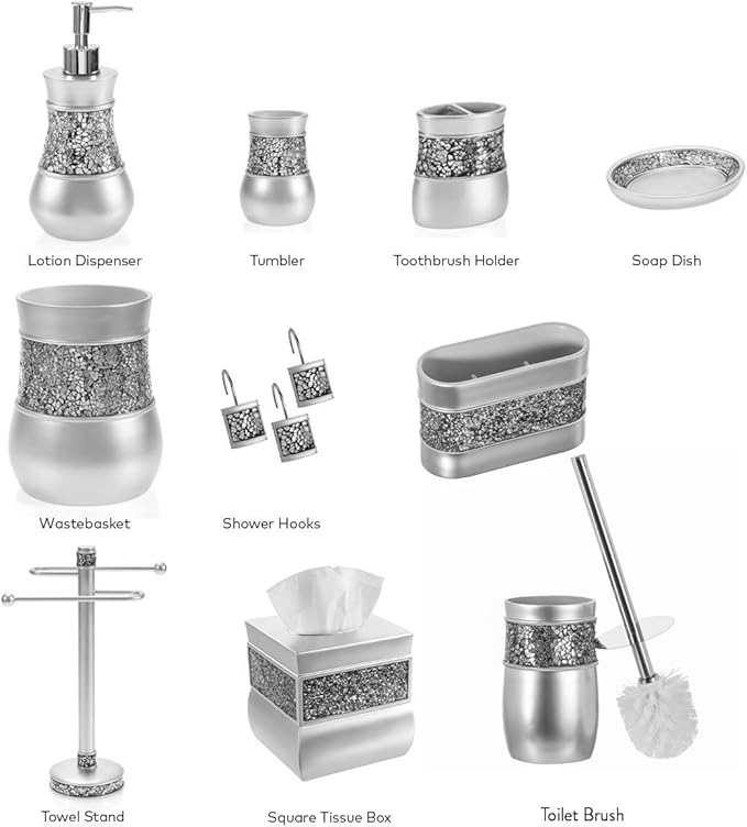 Creative Scents Crackled Glass Silver Small Bathroom Trash Can 2.06 Gal / 7.8L – Decorative Waste Basket for Bathroom, Powder Room or Bedroom - Durable Mini Wastebasket with Beautiful Crackled Glass