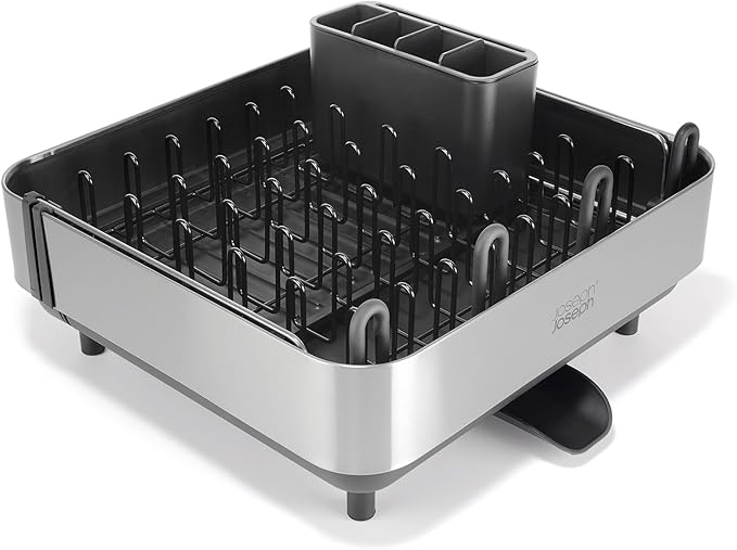 Joseph Joseph Extend Steel Plus Extendable Dish Rack Steel, Small to Large Dish Drainer with Wine Glass Holder & Drain Spout, Black