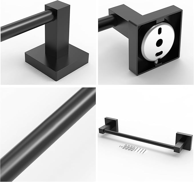 Ruacq Hand Towel Holder Towel Ring Black Center to Center 10inch Towel Bars Square Matte Black Bathroom Stainless Steel and Zinc Alloy Modern Wall Mounted Total Length 12 inch