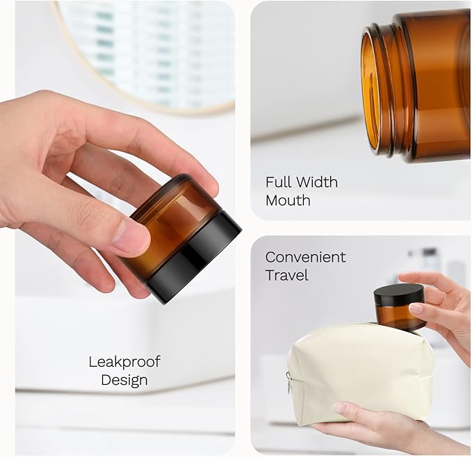 Bumobum 1 oz Amber Glass Jars with Lids, 105 pack Clear Small Jars with Black Lids, White Labels and Inner Liners, Empty Round Cosmetic Containers for Cream, Lotion (Amber 105 Pack)