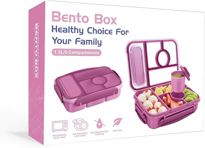 Amathley Bento Box Adult Lunch Box Kids,Lunch Containers for Adults/Kids/Toddler,5 Compartments Bento Lunch Box with Sauce Vontainers,Microwave & Dishwasher & Freezer Safe,BPA-Free (Purple)