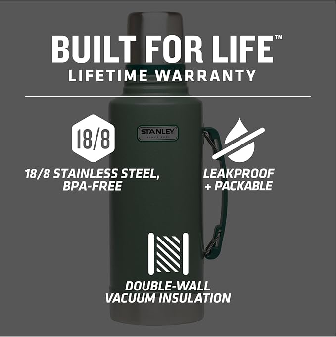 Stanley Heritage Classic Vacuum Bottle with Handle 2.0 qt | Wide Mouth with Leakproof Cup Lid | Keep Drinks Hot Cold for Travel-| Insulated Stainless Steel -| BPA-Free-| Hammertone Green,(Pack of 4)
