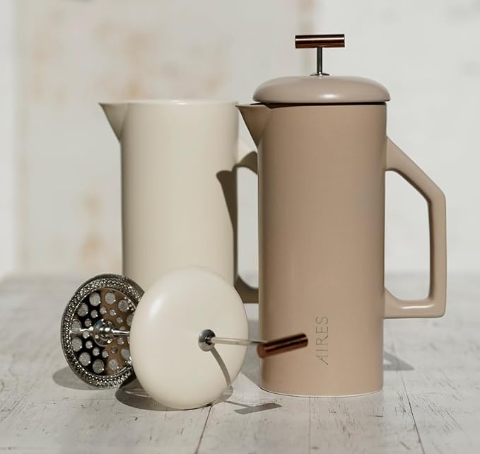 AIRES Ceramic French Press Coffee Maker – 34 oz Heat-Retaining Stoneware – Elegant Neutral Color – Inspired by Buenos Aires Coffee Culture – Gift-Ready with Barista Brewing Guide