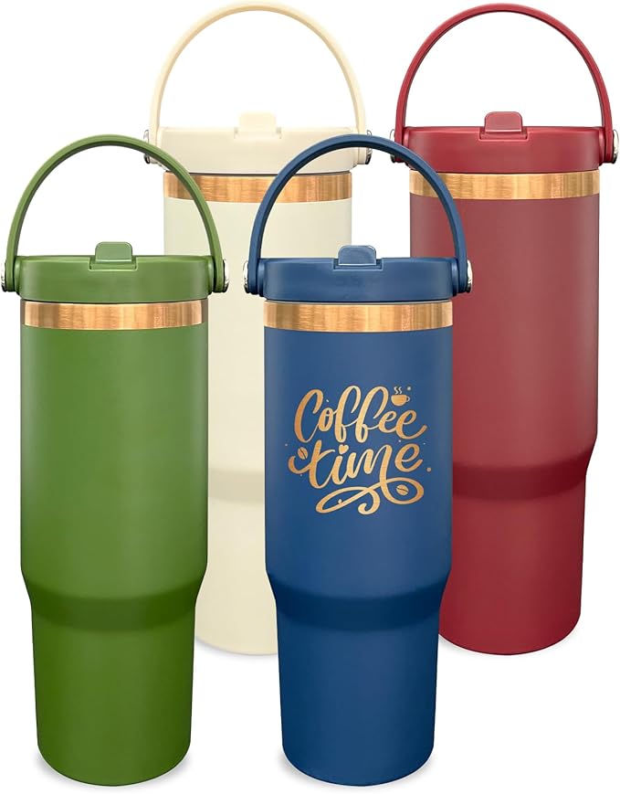 30 oz Tumbler Bulk with Handle and Straw, Vacuum Insulated Tumblers with Flip Straw and Top Handle, Leakproof Powder Coated Tumbler, Stainless Steel Travel Mug for Coffee Water (Mixed, 4 Pack)