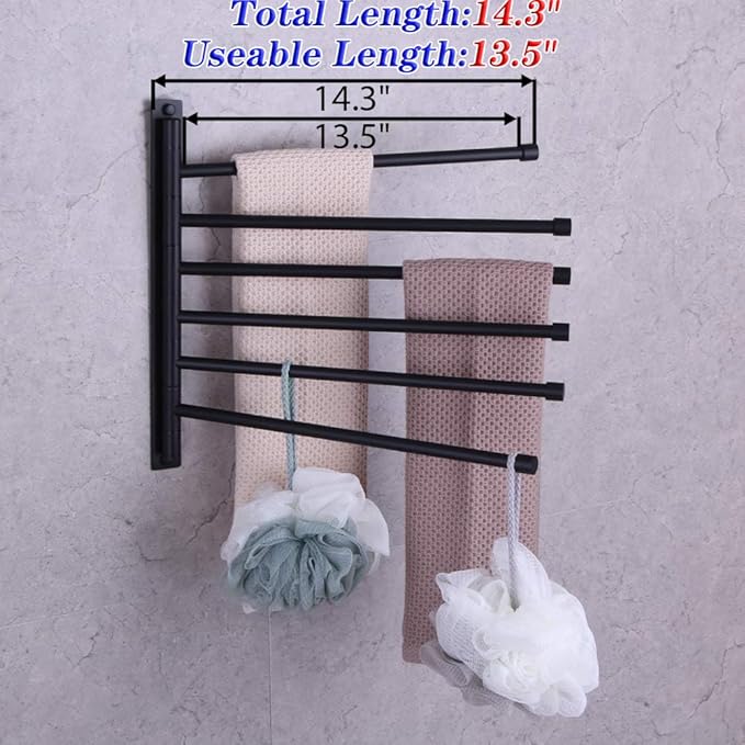 GERZWY Bathroom Swing Arm Towel Bars Wall Mount Bath Towel Rack with 6 Arms Hanger Towel Holder Organizer SUS 304 Stainless Steel Matte Black HYG06-BK