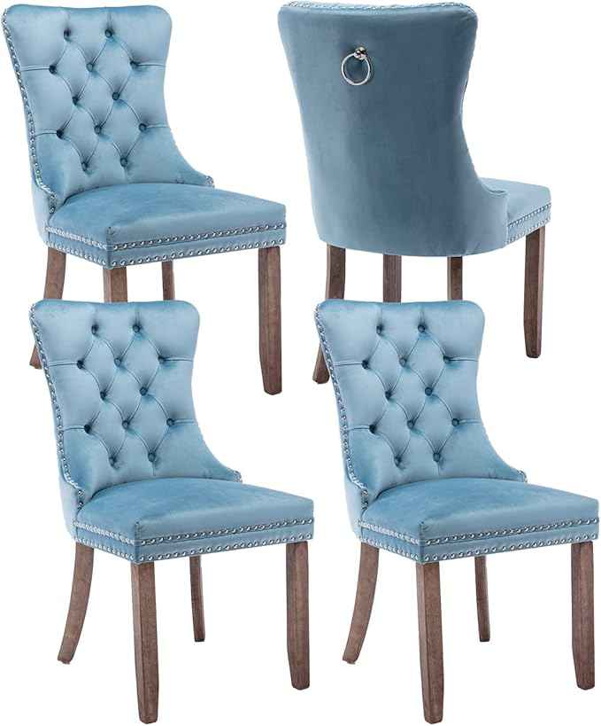 Upholstered Dining Chairs Set of 4, Velvet Dining Room Chairs with Back Ring Pull Trim and Solid Wood Legs, Tufted Wingback Kitchen Chair Perfect for Dining Room,Living Room,Kitchen(Light Blue)