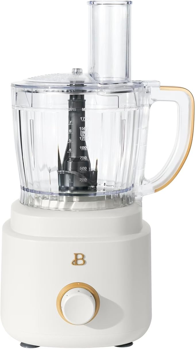 Beautiful by Drew Barrymore 10-Cup Food Processor, 500-Watts, Variable Speed, Pulse, 3" Wide Feed Tube, Stainless Steel Blades, Dishwasher Safe, Large Bowl, Accessories Included (White Icing)