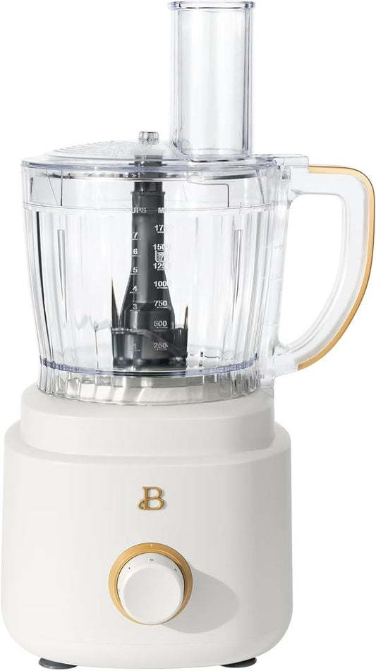 Beautiful by Drew Barrymore 10-Cup Food Processor, 500-Watts, Variable Speed, Pulse, 3" Wide Feed Tube, Stainless Steel Blades, Dishwasher Safe, Large Bowl, Accessories Included (White Icing)