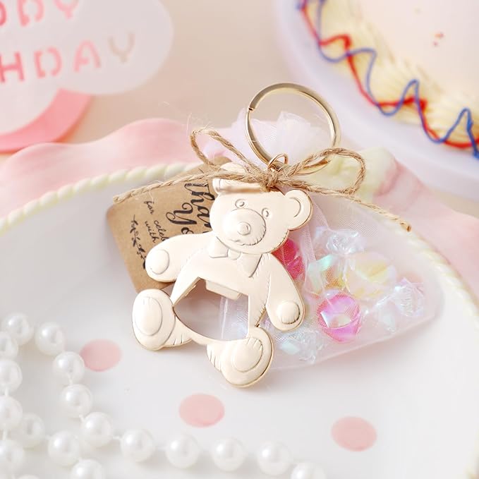 Bottle Openers Baby Shower Return Favors for Guests Cute Bottle Opener Decorations and Souvenirs with Organza Bags Tags for Theme Party Favors (Retro Style,73 pieces) (Teddy bear)
