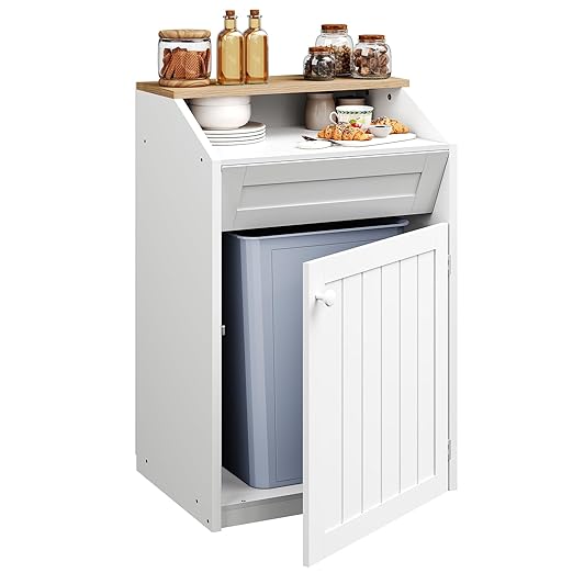 YATINEY Trash Cabinet, Freestanding Trash Can Cabinet, Wooden Recycling with Flip Door, 13 Gallon Hidden Kitchen Garbage Can for Kitchen, Living Room, White WB13WT
