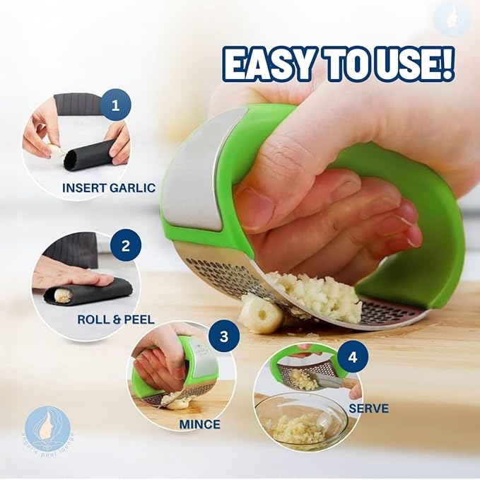 Angel's Peel Lounge Stainless Steel Garlic Press Rocker Set with Silicone Garlic Peeler & Cleaning Brush – Garlic Chopper, Mincer, Grater, Crusher – Easy for Crushed Cloves – Rust-Resistant, Green