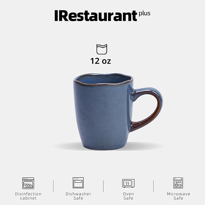 Organic Shape Restaurant Mug 12oz, Commerical Grade Catering Stoneware Coffee Mug in Ir-regular Organic Shape, Chip & Scratch Resistant, Glossy Reactive Glaze Blue, Case of 24