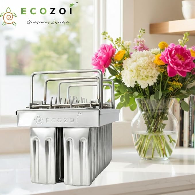 Ecozoi Stainless Steel Popsicle Molds, 20 Piece Set with Standing Rack, 50 Reusable Bamboo Sticks, 40 Silicone Sleeves, Plant Based Cleaning Brush