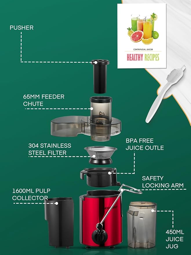 Juicer Machine, HOUSNAT Centrifugal Juicer 400 W Motor, 65MM Wide Chute for Whole Fruit and Vegetables, Juice Extractor with 3 Speeds, Upgraded Version Quick Juicing, Easy to Clean, BPA Free, Red