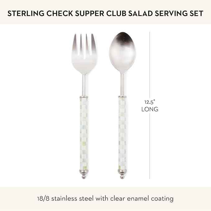 MACKENZIE-CHILDS Supper Club Salad Serving Set, Fork and Spoon Salad Servers, Decorative Kitchen Serving Utensils, Gray-and-White Sterling Check
