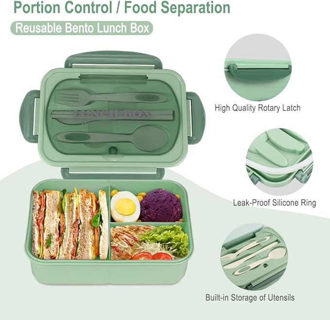NatraProw Bento Box for Adult, 1200 ML Lunch Containers for Adults, LeakProof Lunch Box with Utensils, BPA Free, 3 Compartment Bento Box Microwave Safe, Green