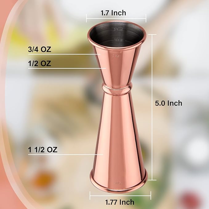 Jigger for Bartending, Briout Double Cocktail Jigger Japanese Premium 304 Food Grade Stainless Steel Jigger 2 OZ 1 OZ with Measurements Inside, Rose Gold