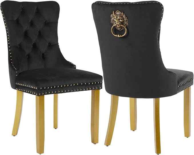 Velvet Dining Chairs Set of 2, Modern Tufted Dining Room Chair, Upholstered Dining Chairs with Lion Head Pulls Ring and Golden Solid Wood Legs, Luxury Kitchen Chairs for Dining Room, Black