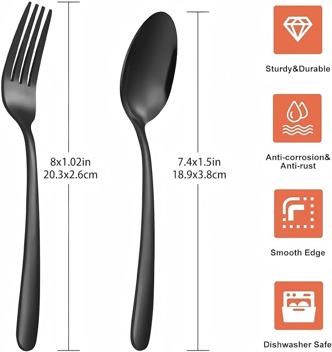 Unokit 24-Piece Forks and Spoons Silverware Set - Forks and Spoons Food Grade Stainless Steel Silverware for Home, Kitchen and Restaurant, 12-Fork and 12-Spoon, Mirror Polished&Dishwasher Safe, Black