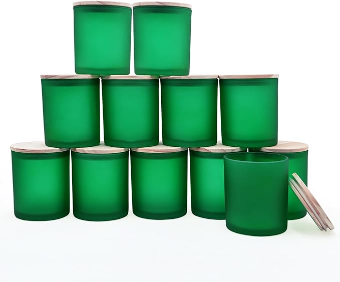 14 OZ Thick Candle Jars for Making Candles 12 Pcs, 3 Wick Empty Jars with Wood Lids for Candle Making, Sample Container, Frosted Green