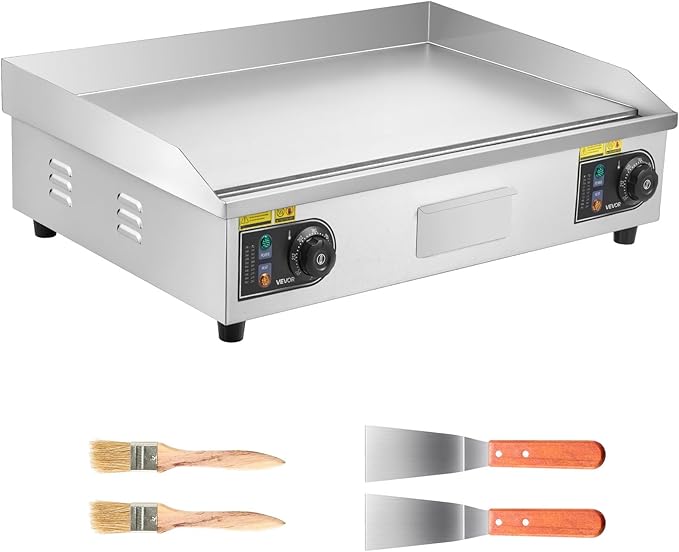 VEVOR Commercial Electric Griddle, 28.54 x 15.75 in, 4400W, 122-570°F Adjustable Temp Control, Stainless Steel Countertop Full Flat Top Grill with 2 Spatulas, 2 Brushes, for Steak, Pancake(NO PLUG)