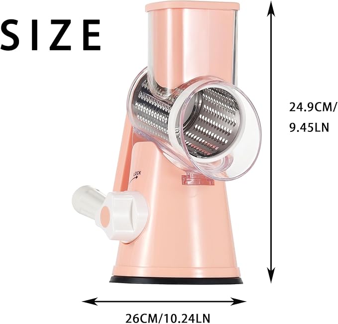 Rotary Cheese Grater with Handle, Round Mandoline Speed Kitchen Slicer, 3 in 1 Multifunctional Vegetable Shredder Manual Nut Grinder for Nuts, Potato, Carrot, Cucumber (Pink)