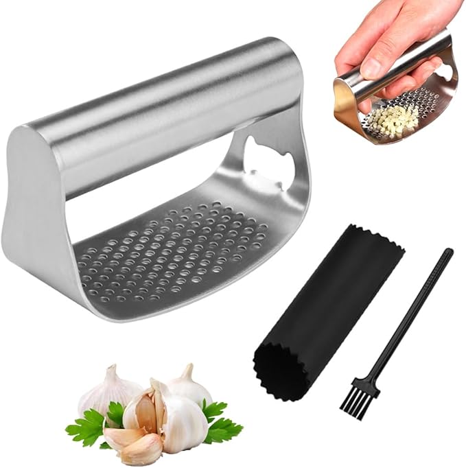 Stainless Steel Garlic Presser, Upgraded Garlic Press Rocker Garlic Mincer Garlic Crusher with Peeler and Cleaning Brush, Garlic Chopper for Smash Garlic Kitchen Gadgets Tools