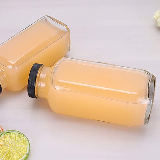 Encheng Beverages Drinking Bottles 12oz,Glass Water Botttle with Lids,Octagonal Vintage 350ml,Juice Bottles for Storage Tea,Kombucha,Milk Smoothies Jars 20Pack
