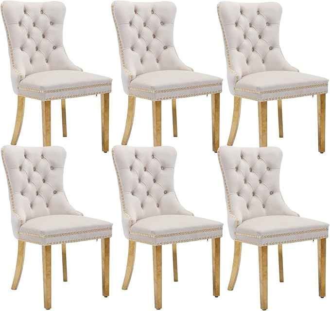 Beige Velvet Dining Chairs Set of 6, Upholstered Dining Room Chairs with Back Ring Pull Trim and Golden Stainless Steel Legs,Modern Kitchen Chairs for Dining Room,Living Room,Kitchen(Beige)