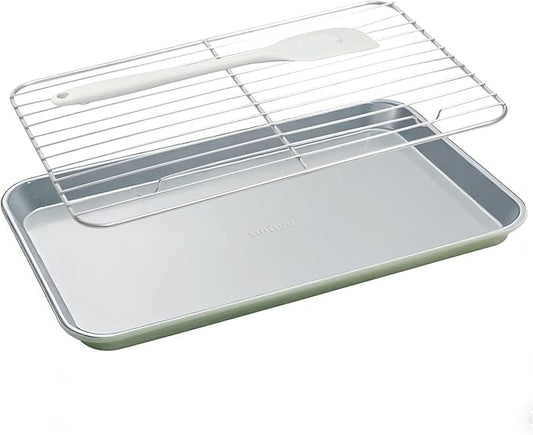 7PCS Ceramic-Coated Baking Sheet Set - 10x15in Jelly Roll Pan Non-Stick Cookie Sheet with Wire Rack, Silicone Spatula & 4 Cookie Cutters, PFAS Free, Oven Safe (550°F), Pistachio Green
