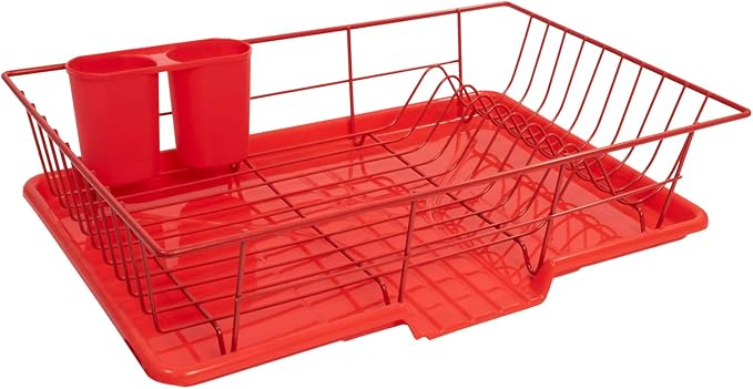 Sweet Home Collection 3 Piece Metal Dish Drainer Rack Set with Drying Board and Utensil Holder, 12" x 19" x 5", Red