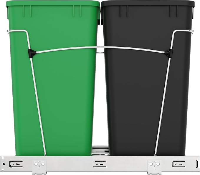 Rev-A-Shelf Pullout Trash Can for Kitchen Cabinets 27 Qt Garbage Recycling Bin with Full Extension Slide, Green/Black, RV-15KD-1918C-S