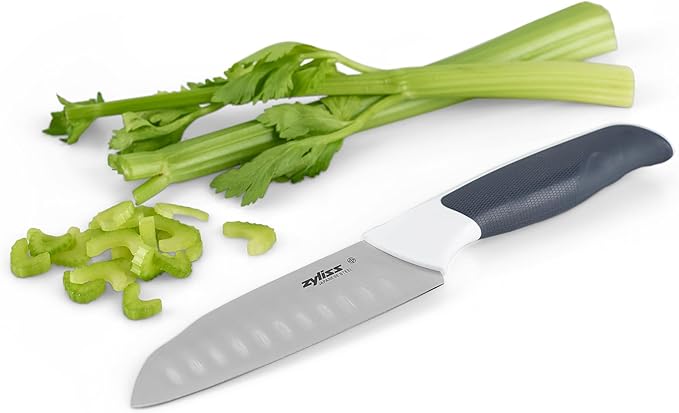 Zyliss Comfort Mini Santoku Knife, 12cm/4.5in, Japanese Stainless Steel, Non Slip Handle, Cover for Safety, Black/White, Professional Kitchen Knife, Dishwasher Safe