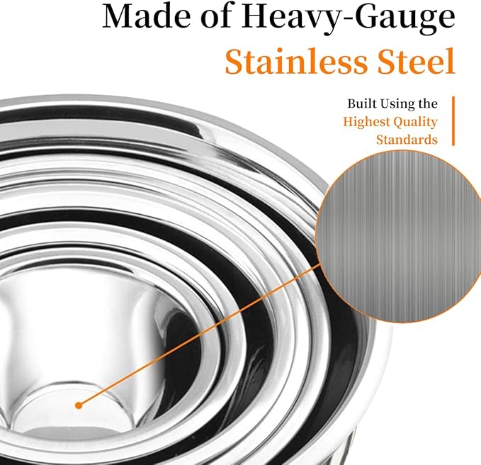 Mixing Bowls, 5Pcs Stainless Steel Mixing Bowl Set, Utensils for the Kitchen, Multifunctional, Stackable, Dishwasher Safe, 3.75L / 3.25L / 2.5L / 2L / 1.3L (With lid)