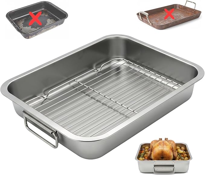 Stainless Steel Roasting Pan with Rack & Handles,15.5" x 11.6"- Food Grade No Coating Dishwasher Safe - Roaster for Turkey Chicken Meat Vegetables for Thanksgiving Christmas and Family Gatherings
