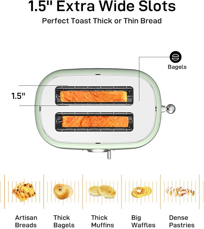 LONGDEEM Toaster 2 Slice with Extra Wide Slots & Removable Crumb Tray 6 Browning Options, Auto Shut Off & Frozen Function, Toast Fruit Bread, Bagel & Waffle, Green