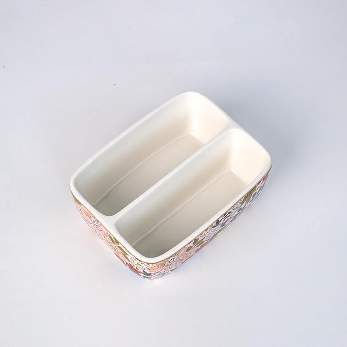 2 Compartments Ceramic Sponge Holder for Kitchen Sink, Cute Floral Pattern Countertop Dish Sponges Holder Soap Sink Organizer Caddy Farmhouse Home Kitchen Decor Vintage Pink Flowers