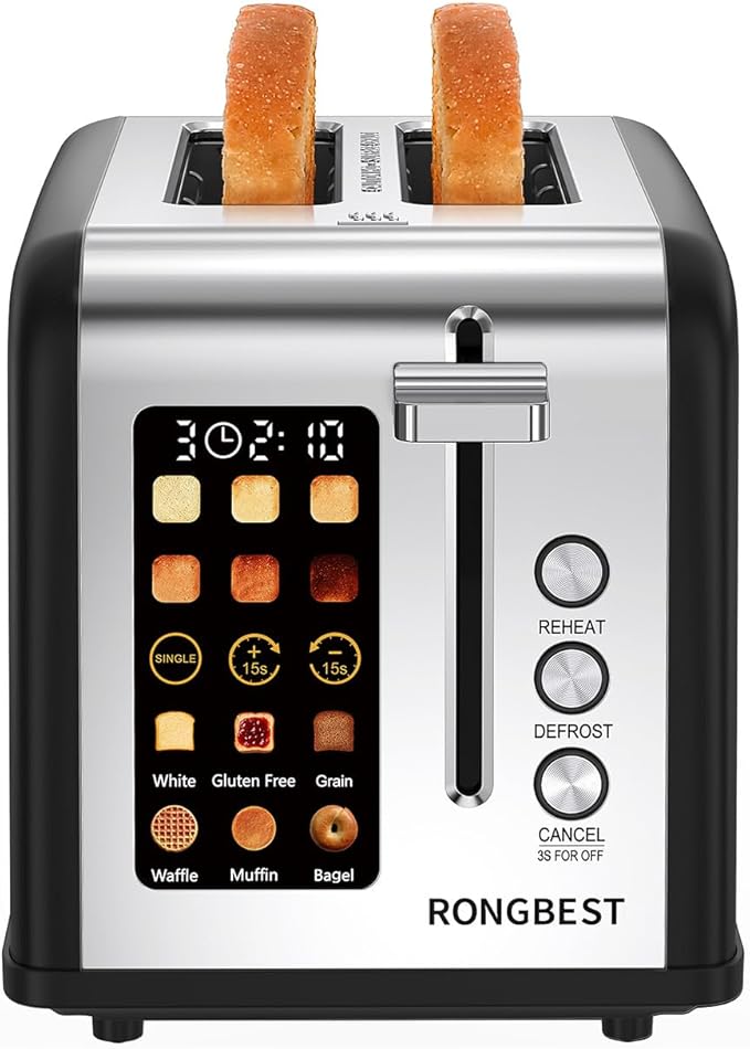 2 Slice Touch Screen Toaster Stainless Steel with Wide Slots, Even Toasting for Bagels & Bread, Defrost & Reheat, Easy Removable Crumb Tray, Matt Black