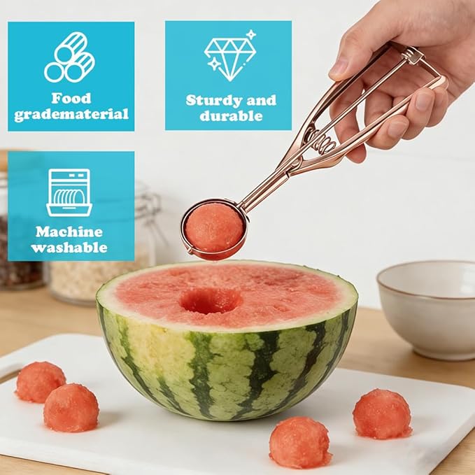 Stainless Steel Ice Cream Scoop Polished Melon Baller Scoop Metal Ice Cream Scoop with Trigger Cookie Scoop for Baking 3 sizes Fruit Spoons Kitchen (Rose Gold, S)