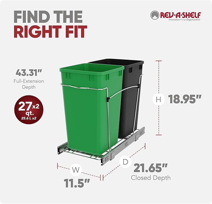 Rev-A-Shelf Pullout Trash Can for Kitchen Cabinets 27 Qt Garbage Recycling Bin with Full Extension Slide, Green/Black, RV-15KD-1918C-S