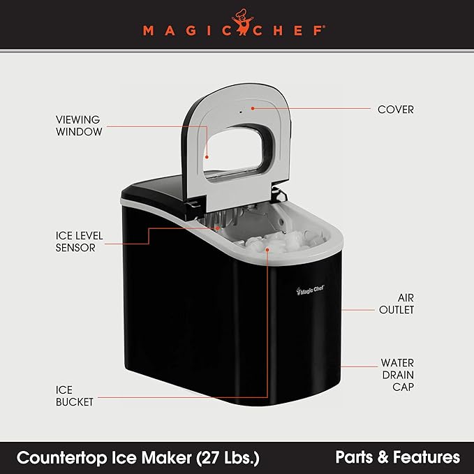 Magic Chef 27-Lb. Portable Ice Maker in Black, Tabletop Ice Maker for Kitchen, Apartment, Dorm, and Basement with Viewing Window, 2 Ice Cube Sizes, and Ice & Water Level Indicator Lights