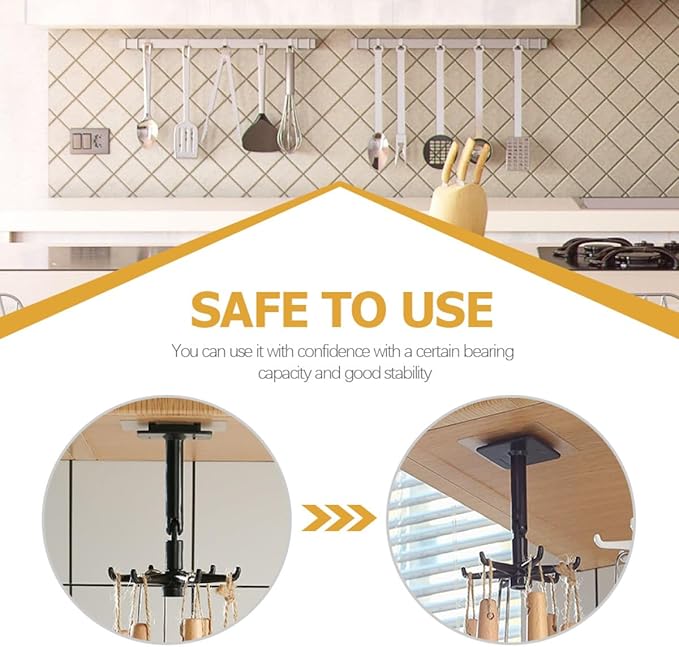 Healifty 4pcs Rotatable Kitchen Utensil Hooks Wall Hangers, Adhesive Under Cabinet Hook Set in Black and White, 360-degree Swivel Storage for Kitchen Organization and Easy Access