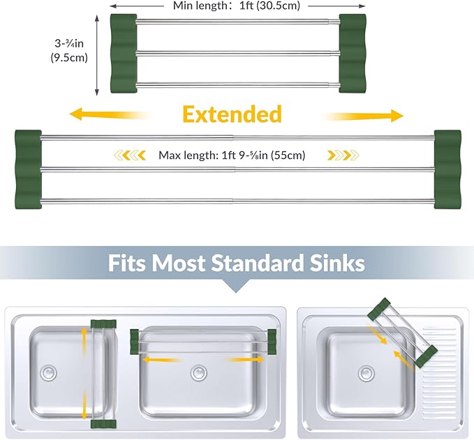 Tomorotec Adjustable Over-The-Sink Kitchen Rack for Dishcloths, Sponges, and Brushes - Heat-Resistant Stainless Steel with Slim, Expandable Design and Multifunctional Silicone Holder (Army Green)